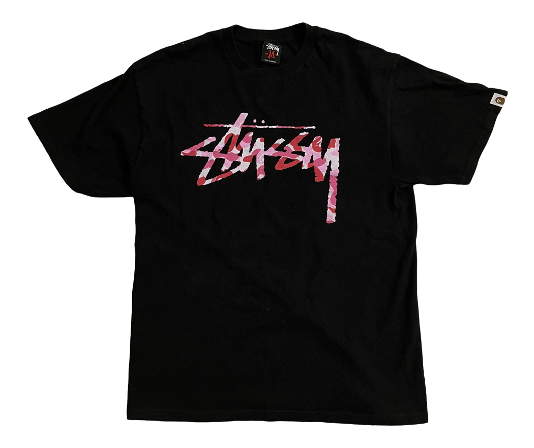 M] BAPE × Stussy 30th Anniversary Black T-shirt ABC Camo Red